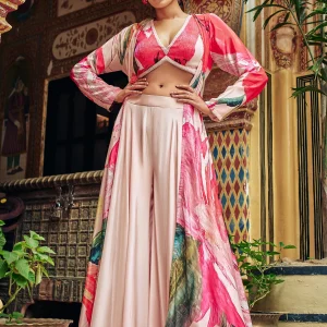 Powder Pink Long Jacket Set with Embroidered Blouse