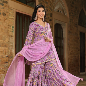 Neel Kamal Lavender Scalloped Kurta With Sharara And Dupatta