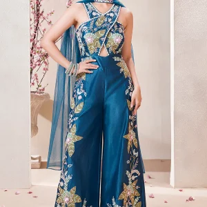 Classic Blue Silk Jumpsuit with Dupatta