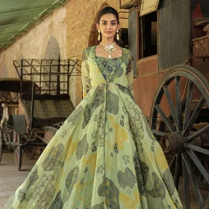 Green Shimmer Organza Designer Lehenga with Printed Jacket